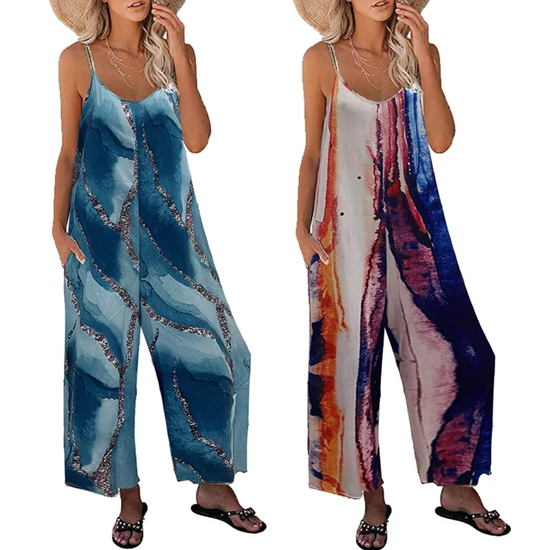 BKLD 2023 Summer New Spaghetti Strap Jumpsuit Clothes For Women Fashion Printed Pocket Casual Loose Long Pants Jumpsuit
