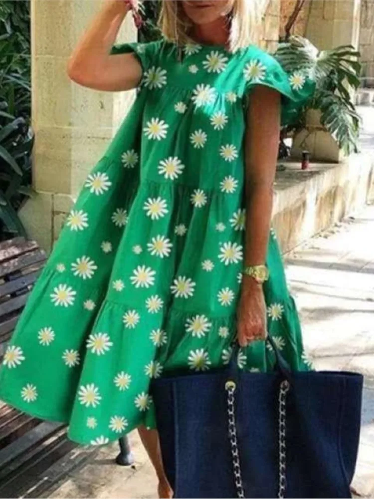 

Summer Boho Dress Women Fashion Short Sleeve Loose Print Casual Dress Elegant Holiday Beach Party Dresses For Women Robe Femme