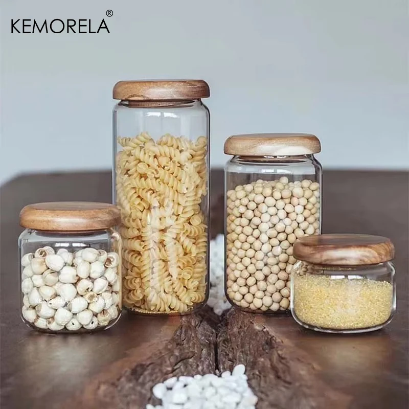 KEMORELA 330/500/750/1000ML Glass Storage Jar with Wooden Lids Countertop Seasoning Bottle Spice Jar Tea Candy Rice Pepper Jar 2