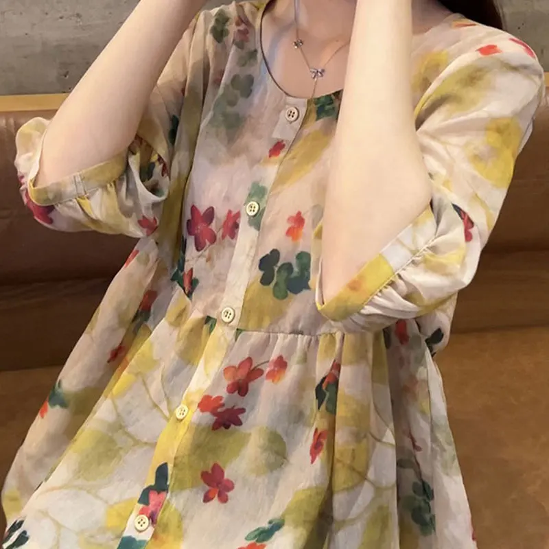 Vintage Broken Flowers Blouse Printed Summer Casual Half Sleeve Women's Clothing Basic Round Neck Loose Stylish Patchwork Shirt