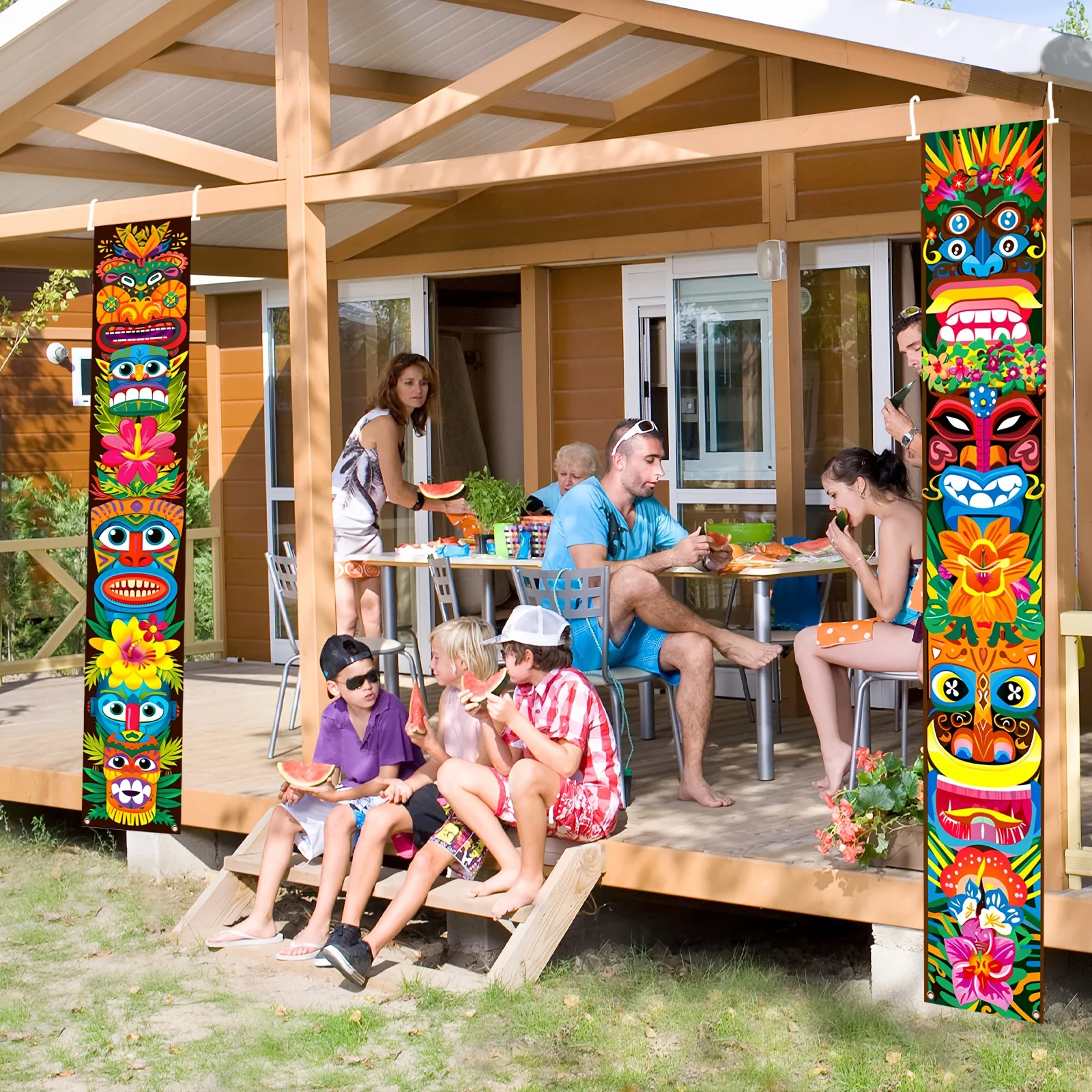 1 Paar lebendige Tiki-Totem-Verandaschilder – farbenfrohe hawaiianische hawaiianische Partydekorationen mit Hibiskus-Hängewänden – Detail 1