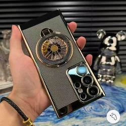 Sleek Electroplated Honeycomb Phone Case with Gyro Ring Stand and Heat Dissipation - S23Plus (Gold)