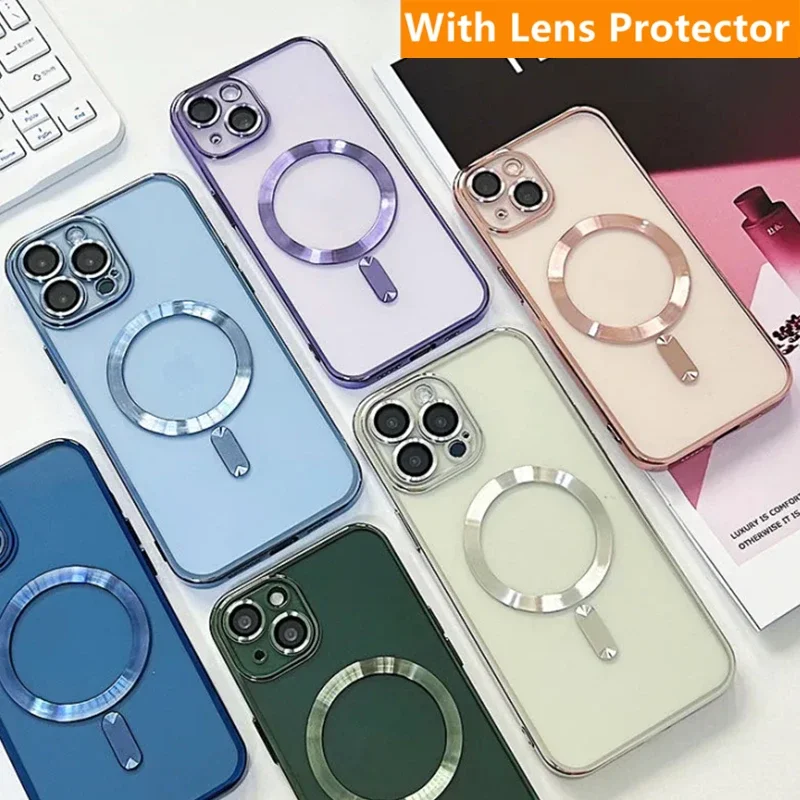 Luxury Magnetic Plating Soft Cover with Wireless Charging and Lens Protector