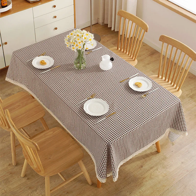 Nordic Minimalist Style Coffee Grid Tablecloth with Off-White Trim Rectangular Dining Table Cover 2