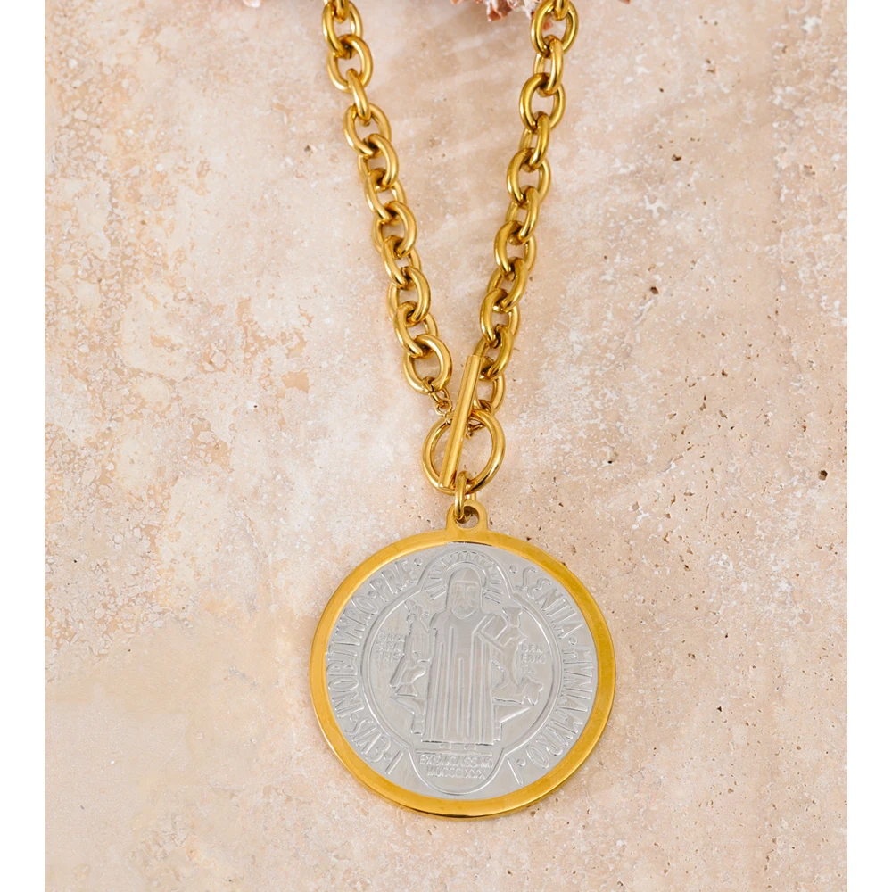 Yhpup Stainless Steel Double Sided Round Pendant Necklace Religious