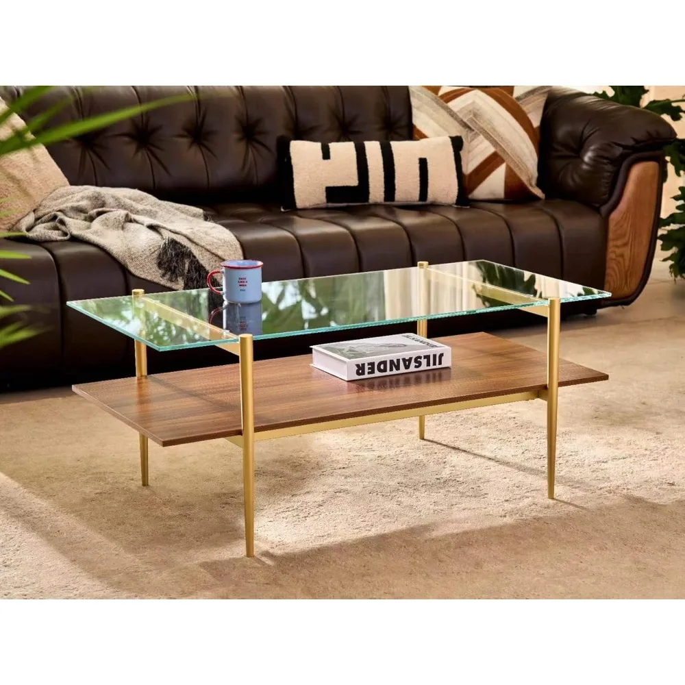 Mid-Century Modern Coffee Table, Clear Glass Top, Gold Metal Legs, 2-Tier Walnut Shelf, 41"D x 21"W x 17"H