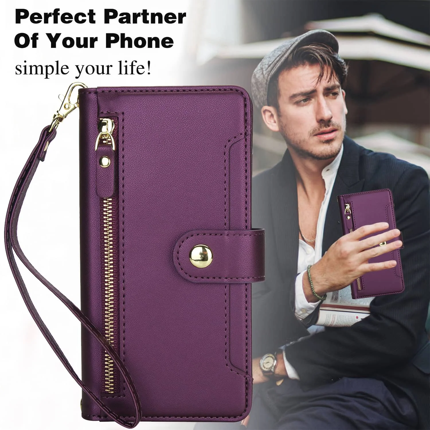 Premium Flip Wallet Case with Zipper Pocket, Card Holder Slot, Magnetic Closure, and Lanyard