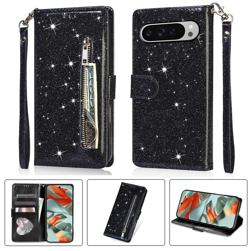 Glitter Wrist Strap Leather Flip Kickstand Wallet Phone Case with Card Holder