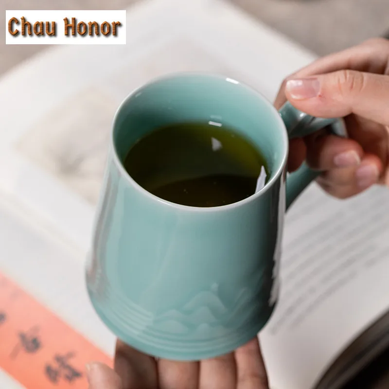 450ml Longquan Celadon Coffee Mug Couple Handgrip Cups Afternoon Tea Mug Water Ice Cold Juice Jug Office Water Cup Drinkware