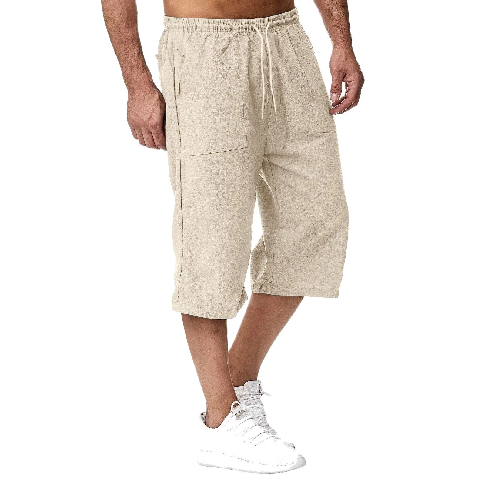 

Summer Men's Casual Cropped Long pants Cotton Solid Color Elastic Drawstring Trousers Beach Vacation Jogging Loose Sweatpants