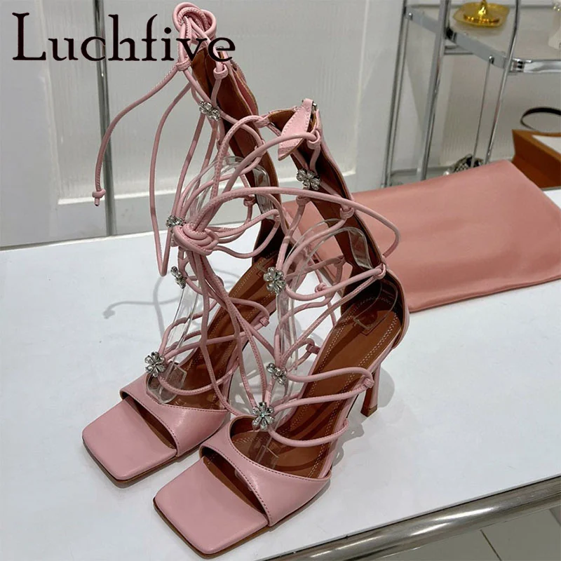 

High Quality 2023 New Genuine Leather Thin High Heels Sandals Women Zipper Lace Up Crystal Flower Pumps Brand Sexy Party Shoes