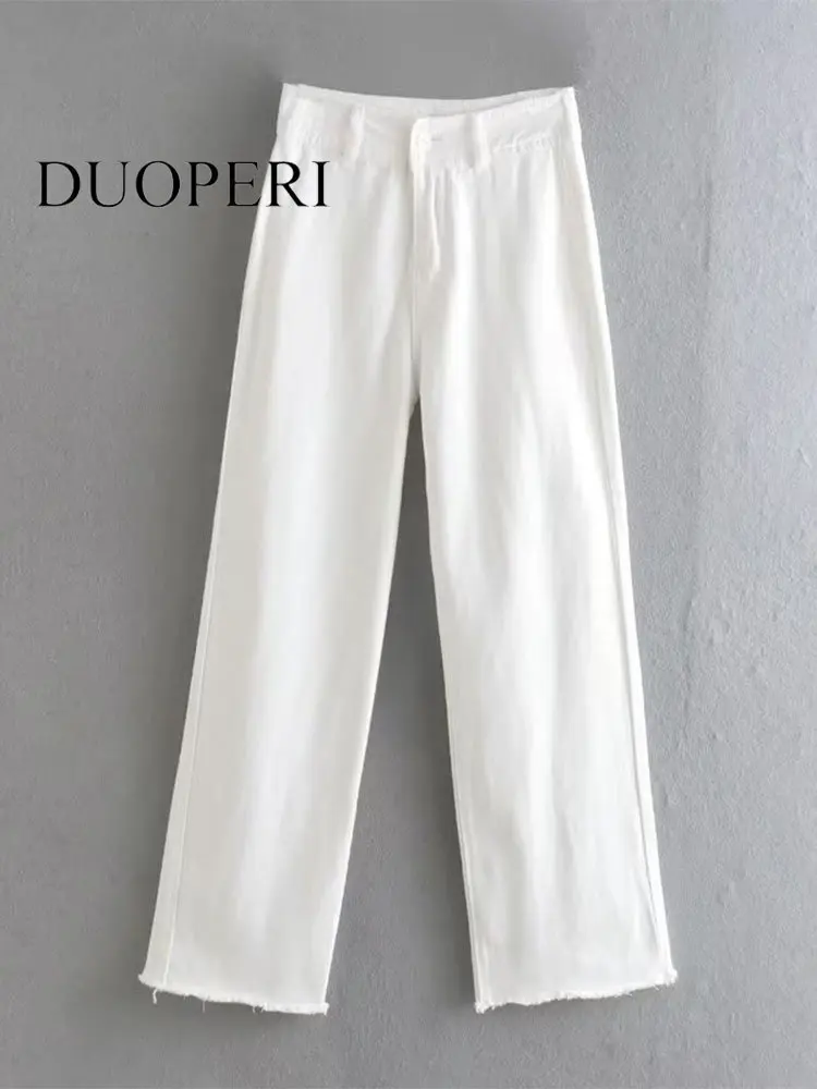 

DUOPERI Women Fashion White Front Zipper Straight Pants Vintage High Waist Full Length Female Chic Lady Trousers