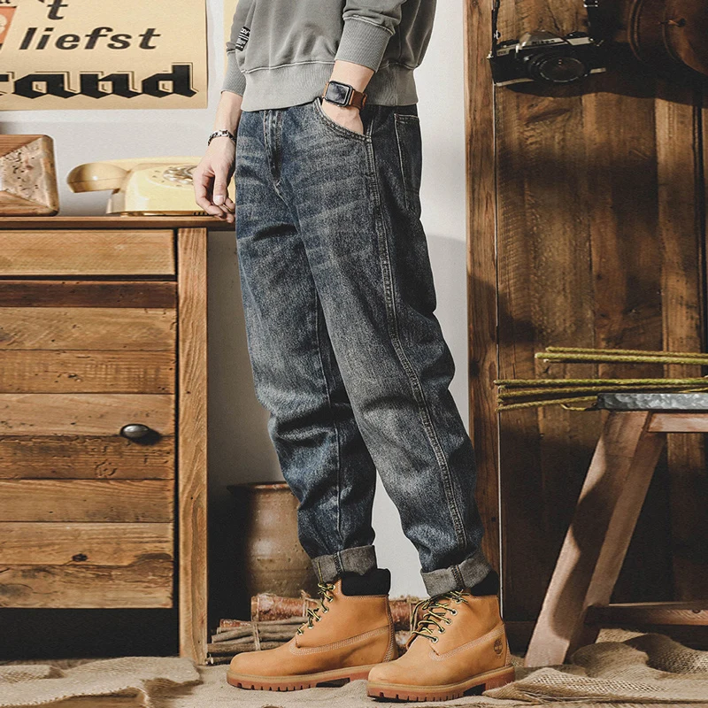 Fashion Streetwear Men Jeans Retro Blue Loose Fit Multi Pockets Casual Denim Cargo Pants Men Overalls Hip Hop Wide Leg Jeans Men