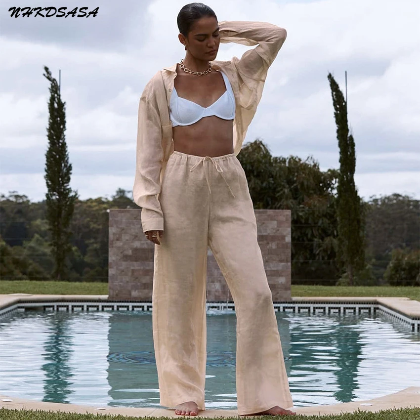 

Женская хлопковая льняная Пижама, рубашка, комплект из двух предметов, Повседневная Однотонная рубашка с длинным рукавом и брюки, костюм, домашняя свободная шикарная блузка, наряды