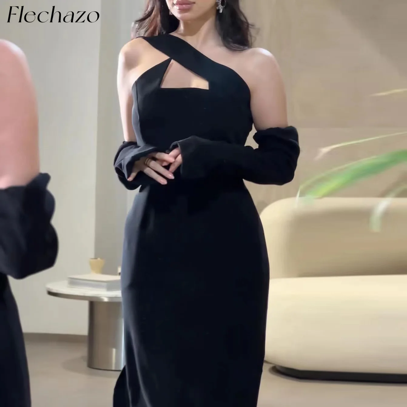 

Flechazo Black Evening Dresses Gloves One Shoulder Sleeveless Party Simple Dress For Women 2024 vestidos para mujer elegantes