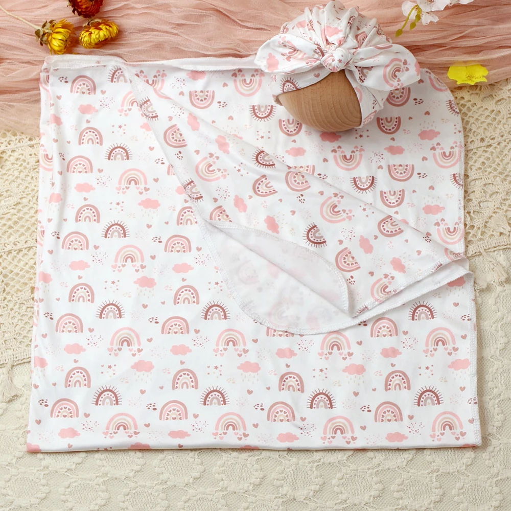Ylsteed Newborn Receiving Photography Swaddle Blanket with Bow Turban Hat Infant Photography Props New born Photoshooting Wraps 2
