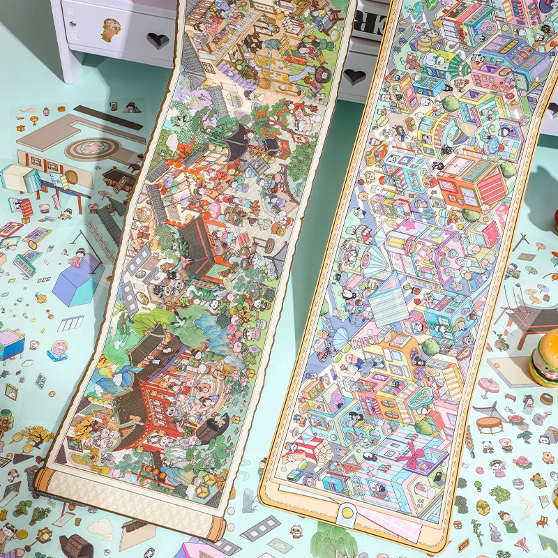 귀여운 동물 거리 3D 고대 스타일 거리 풍경 스티커 DIY 포켓 캐빈 장면 축제 선물