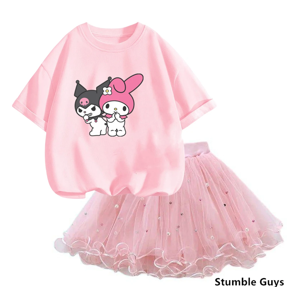 

Kawaii комплекты одежды для девочек 2024 Новая летняя футболка kuromi + юбка-пачка 2 шт. наряды для детей реальная одежда