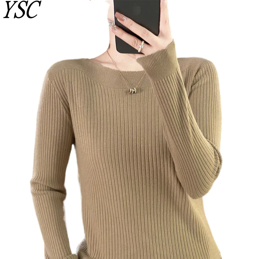 

YSC 2023 Winter New Women's Knitting Cashmere wool blend sweaters One line collar Vertical Bar Style high-quality Warm pullover