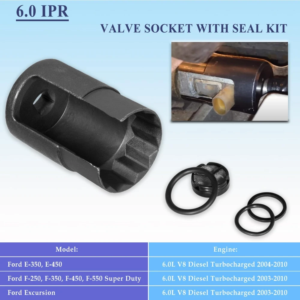 6.0 IPR Valve Socket & Oil Rail Adapters Kit & 6.0 High Pressure Oil Pump IPR Valve Air Test Fitting Tool with Seal Kit
