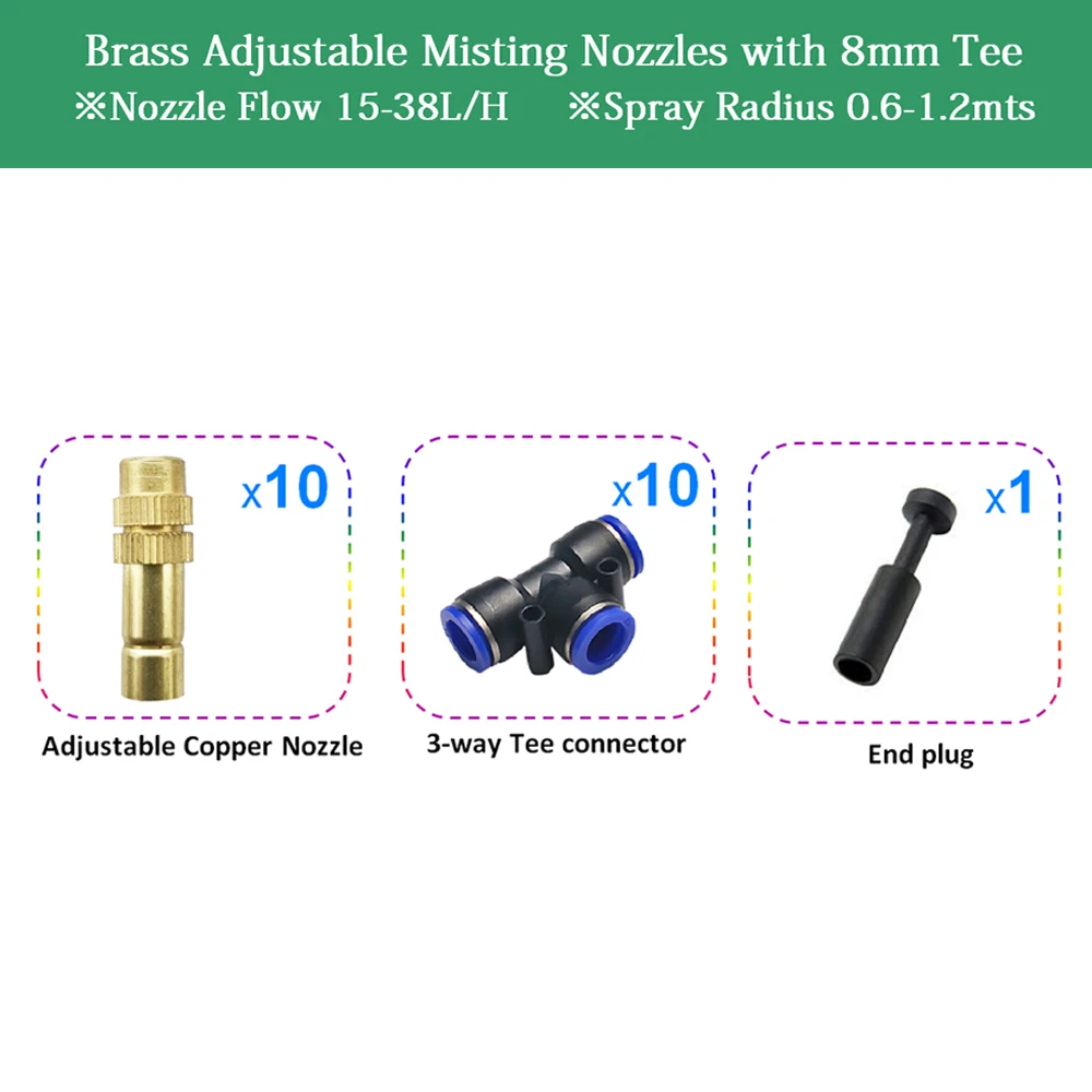 10Sets Adjustable Copper Sprayer Atomizing Kits 8mm OD Nozzles+T Connectors for Misting Watering Plant Devices