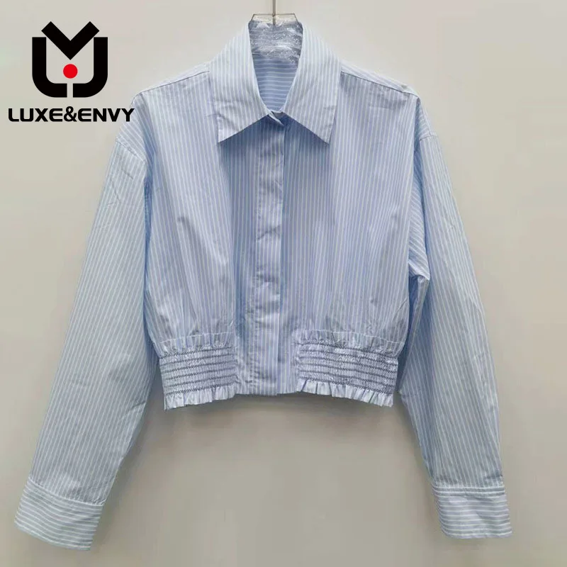 

LUXE&ENVY French Elegant S Spring New Design Feel Pleated Waist Blue Stripe Fresh Cotton Shirt 2023 Autumn