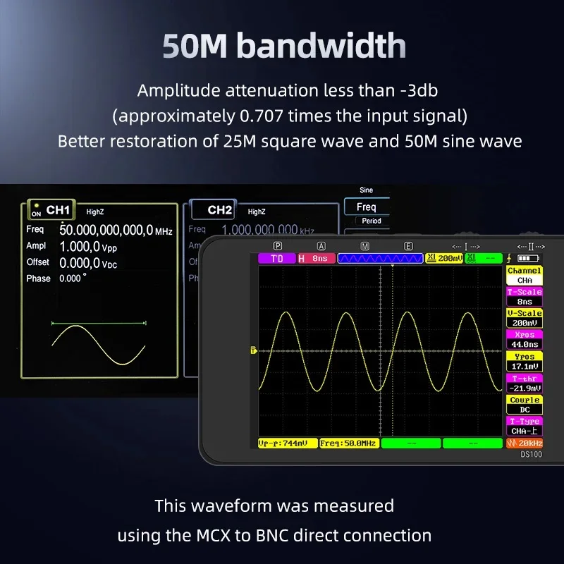 ALIENTEK DS100 Mini Digital Handheld Oscilloscope 50MHz Bandwidth Dual Channels Multifunction Electronic Component Tester Tools