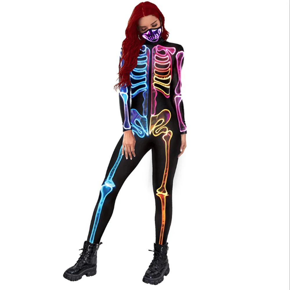 Adult Fluorescent Skeleton Print Halloween Cosplay Bodysuit for Women Ghost Jumpsuit Party Carnival Performance Scary Costume