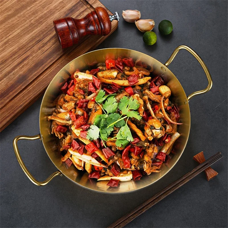 Stainless steel dry pot utensils Spanish Seafood Rice Pot Double ear golden frying pan Pasta dish Round steak plate panelas olla