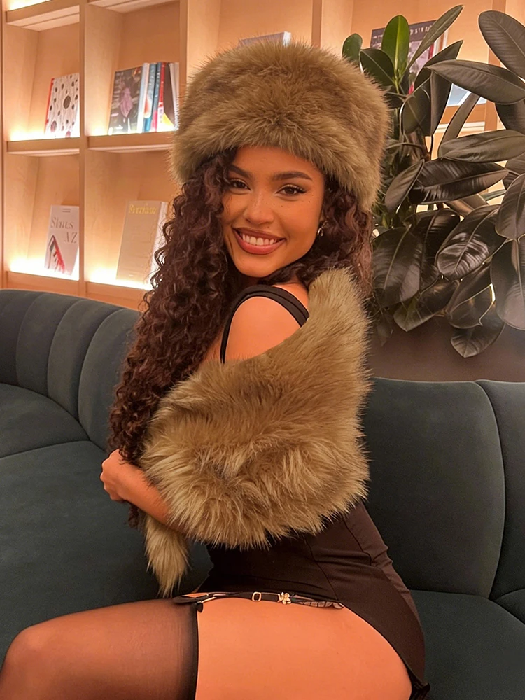 Nibber Fashion Wild Women Furs Shawl Hipster Luxury Slash Neck Knot Elegant Banquet Party Clubwear Midnight Soft Warm Crop Tops