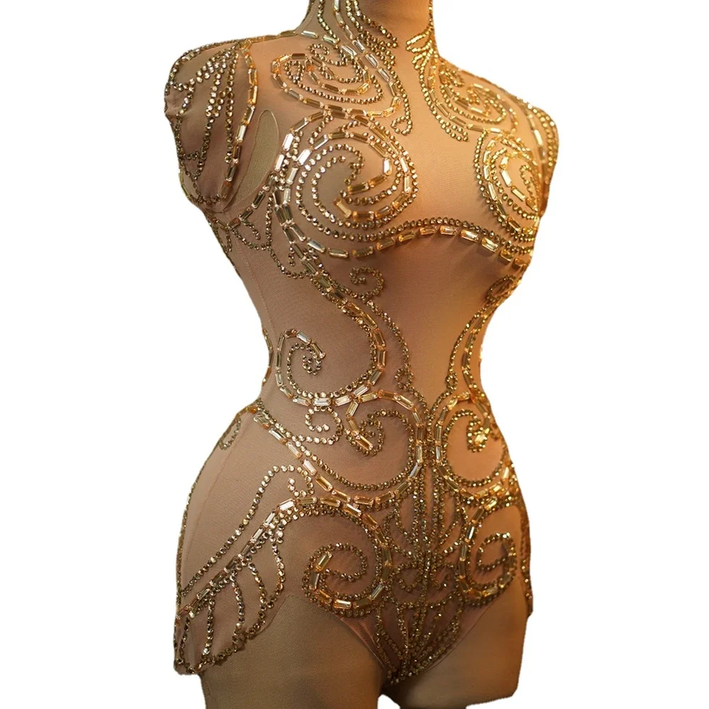 

Sparkly Gold Rhinestones Bodysuit for Women Sexy Mesh See Through Dance Outfit Performance Costume Singer Dancer Show Stage Wear