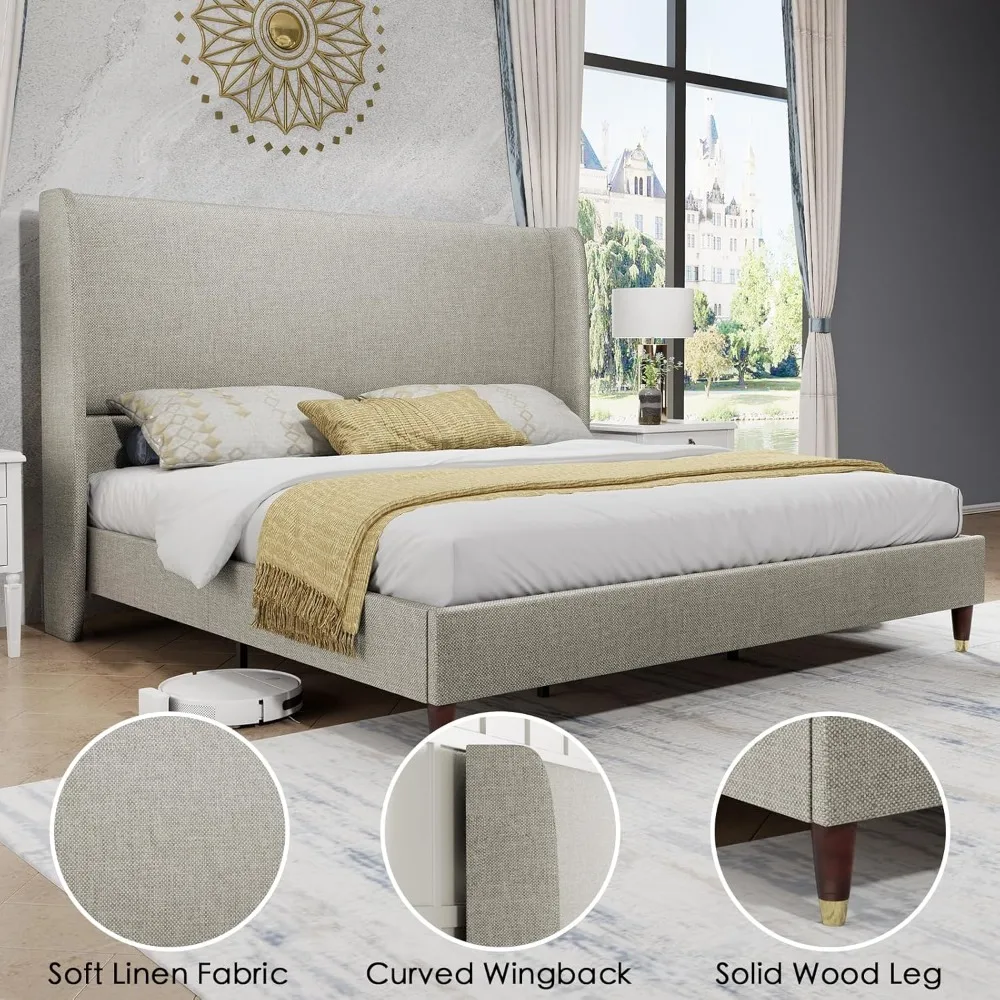 Queen Platform Bed Frame 51.2" High Headboard Tall Upholstered Beds/No Box Spring Required, Queen Bed Frame 5