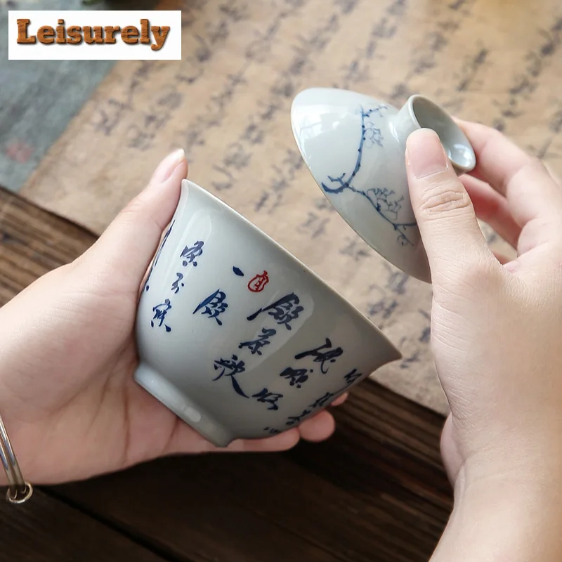 150ml Hand-painted Calligraphy Gaiwan Zen Grass Wood Gray Plum Tea Lid Set Tea Tureen Tea Maker Cover Bowl Tea Items Ornaments