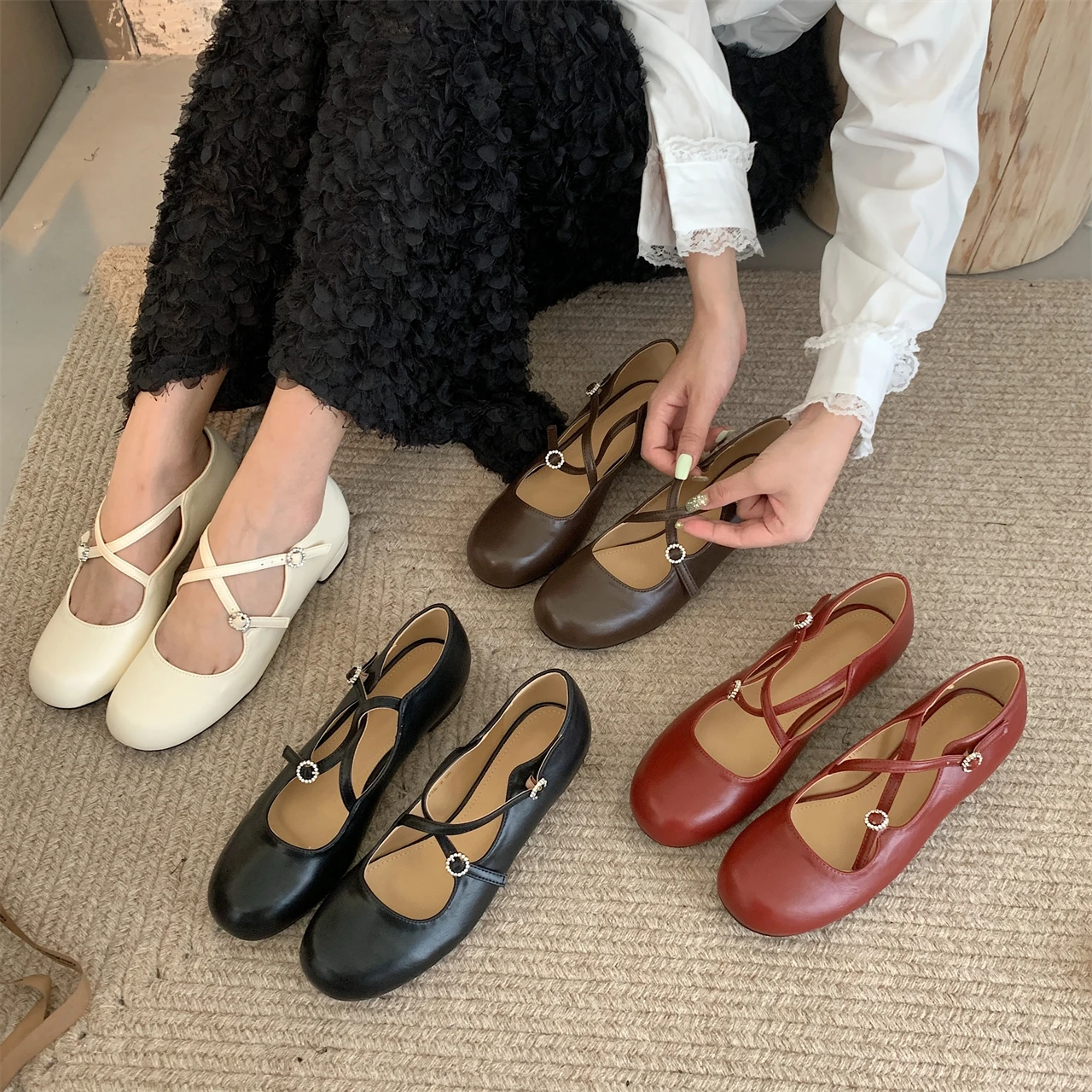 

Bailamos Women's Flat Brand New Retro Square French Mary Jane Ballet Shoes Bottom Shallow Casual Cross-tied Shoes Loafers Mujer