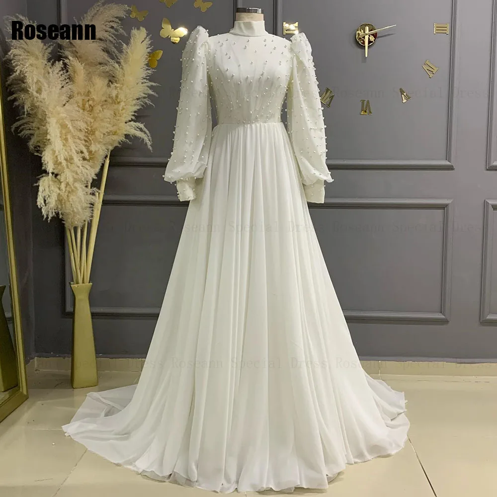 

Muslim 2024 Simple A-line Wedding Dresses Ivory High Collar Pearls Ruffle Draped Pleat Floor Length Bride Dress robe de mariée