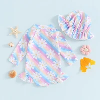 Little Girl Swimwear Set Zip Up Round Neck Long Sleeve Rash Guard Floral Swimsuit Bow Sun Hat Toddler Bathing Suit Outfits 6M-5T 6