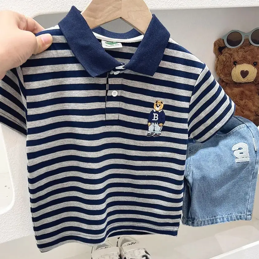 Boys Short Sleeve Tee Polo Shirt For Children 2025 Kids Clothes Striped Graphic Bear T-Shirt Summer Clothes Toddler Casual Tops - 3