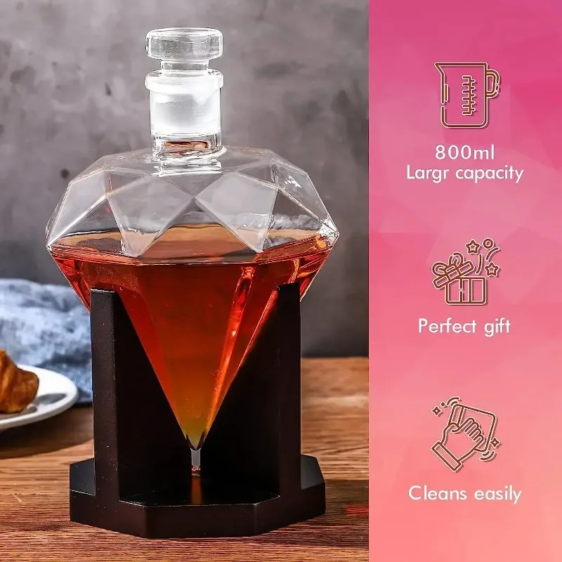 1000ml Whiskey Decanter glass diamond wine bottle with Wooden Holder Airtight Stopper Suitable for all kinds of alcohol Gift