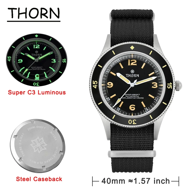 

THORN 50-Fathoms Watch 40mm NH35 Movement Mechanical 316L Steel Mineral Crystal 200M Watchproof C3 Super Luminous Vintage Watch