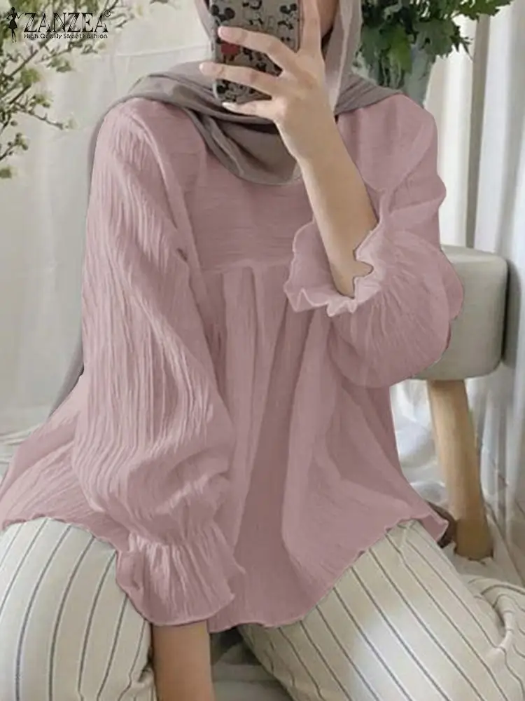 

Женская рубашка ZANZEA IsIamic Abaya с круглым вырезом и длинным рукавом, блузки из Турции, осенняя Повседневная однотонная Свободная блузка Дубай, кафтан