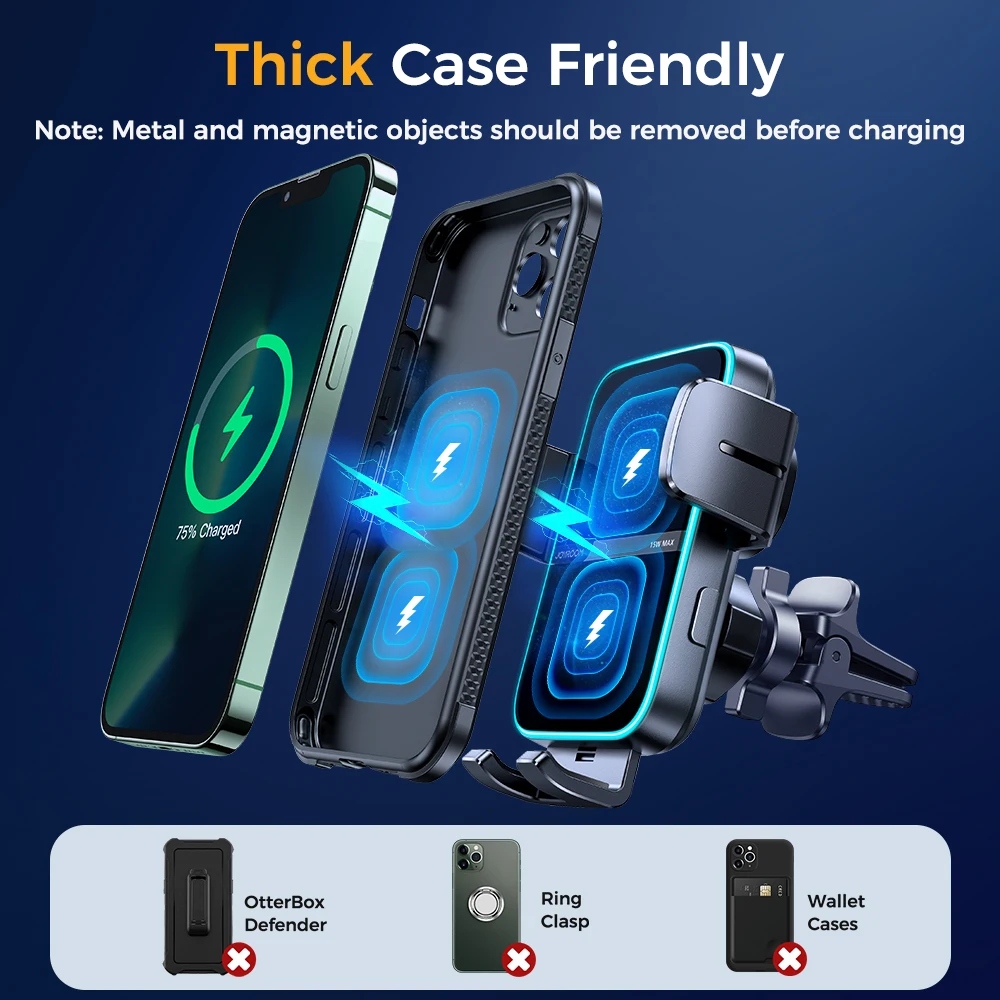 Joyroom Dual Coil Car Phone Holder Automatic 15W Fast Wireless Charger Phone Holder Car Mount For iPhone 15 Pro Foldable Galaxy