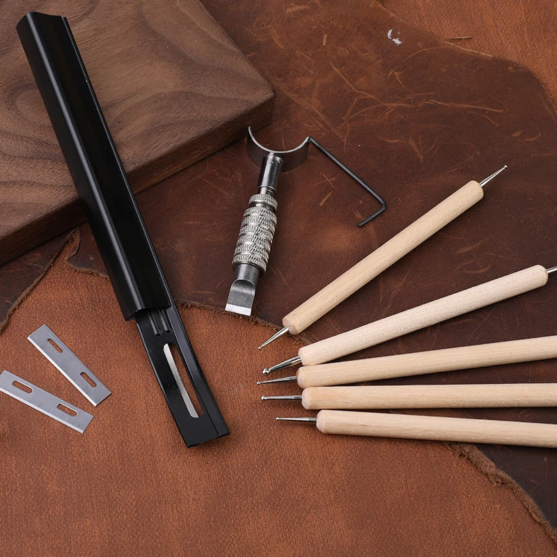 Leather Craft Tool Set 7Pcs Leather Carving Tool Set DIY Swivel Knife Beveler Skiver + 3Blades & Leather Craft Modelling Point Pen