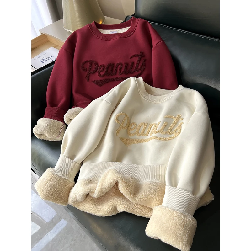 

Fall Winter O-Neck Loose Sweatshirts Fleece Thick Thermal T-Shirt Letter Flocking Embroidery Casual Pullovers for Ladies