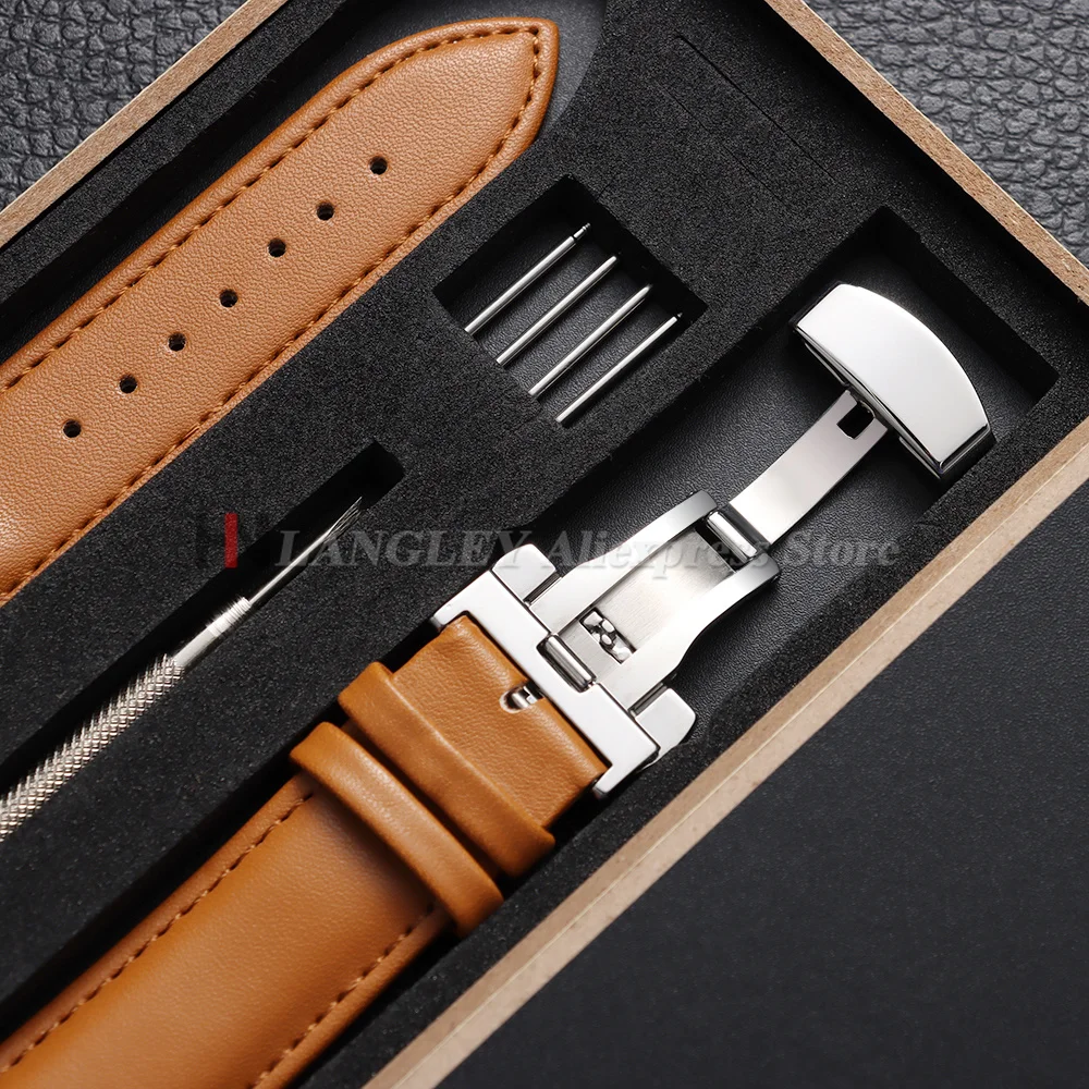Elegant Leather Watch Strap with Butterfly Clasp and Wooden Box Packaging