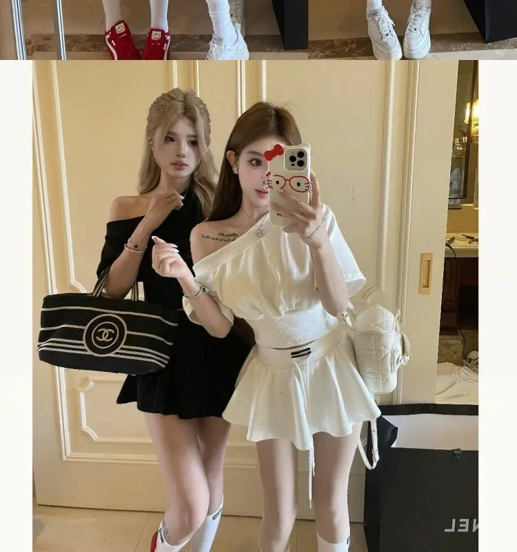 여름 여성용 2피스 오프숄더 반팔 탑과 러플 미니스커트 세트 캐주얼 하이웨이스트 A라인 플리츠 스커트 슈트 Y2K 파티룩