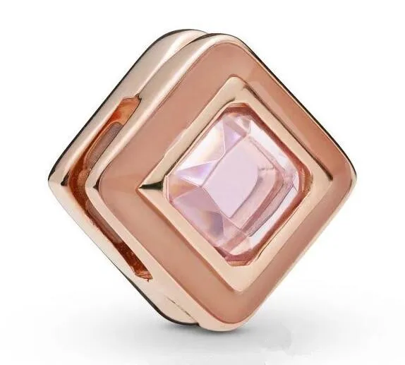 Genuine 925 Sterling Silver Bead Charm Rose Gold Reflexions Sparkling Pink Square Clip Fit Pandora Bracciale E Gioielli Bangle