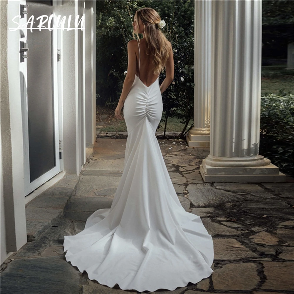 

Bride Mermaid Spaghetti Straps Backless Crepe Boho Bridal Gowns Robe de Mariee 2023 Rustic Wedding Dress for Women
