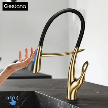 Rubinetto da cucina Gestan in ottone spazzolato oro con design interruttore tattile, nucleo valvola in ceramica monocomando, rubinetto lavello acqua calda e fredda 1