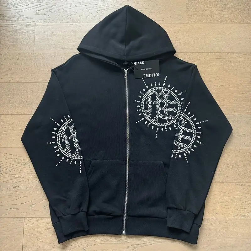 Mixed Emotion Rhinestone Hooded Pullover Hoodie Jacket, Mixed Emotion Casual Long Pants
