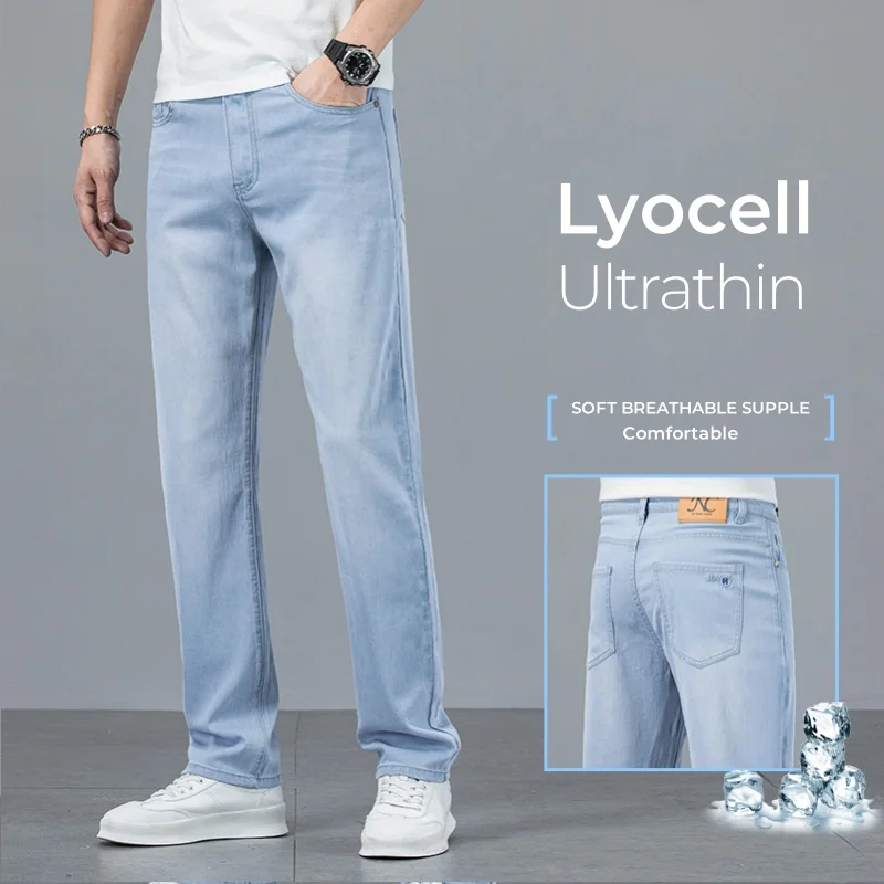 

2024 Summer Business Thin Material Lyocell Jeans Male Loose Straight Comfortable Casual Light White Blue Stretch Denim Trousers